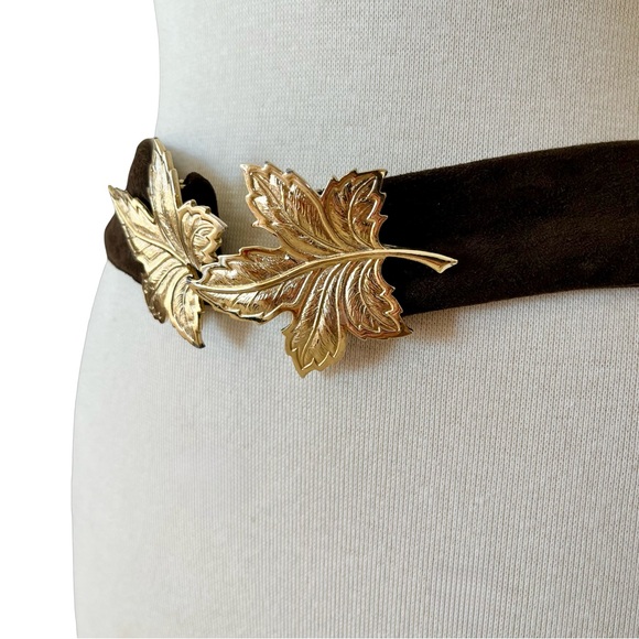 Vintage Soft Calf Suede Brown Belt with Gold Leaf Buckle Size 34 or Smaller main image 4